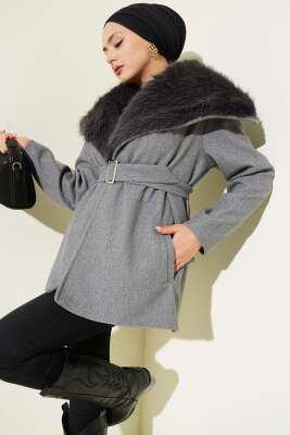 Yaka Kürklü Kuşaklı Kaşe Kaban Füme - BERAT TEKSTİL