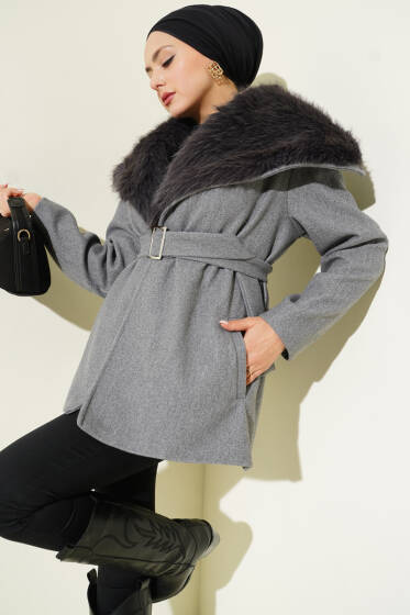 Yaka Kürklü Kuşaklı Kaşe Kaban Füme - Kaban