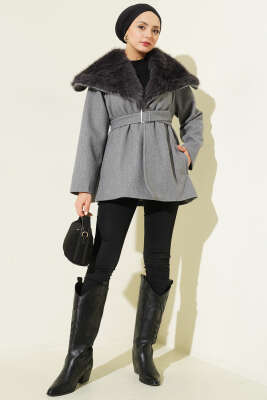 Yaka Kürklü Kuşaklı Kaşe Kaban Füme - Kaban