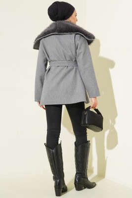 Yaka Kürklü Kuşaklı Kaşe Kaban Füme - Kaban