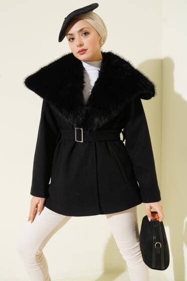 Yaka Kürklü Kuşaklı Kaşe Kaban Siyah - Kaban