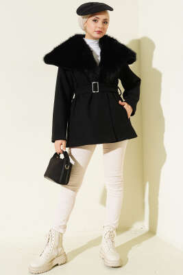 Yaka Kürklü Kuşaklı Kaşe Kaban Siyah - Kaban