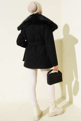 Yaka Kürklü Kuşaklı Kaşe Kaban Siyah - Kaban
