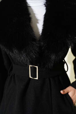 Yaka Kürklü Kuşaklı Kaşe Kaban Siyah - Kaban