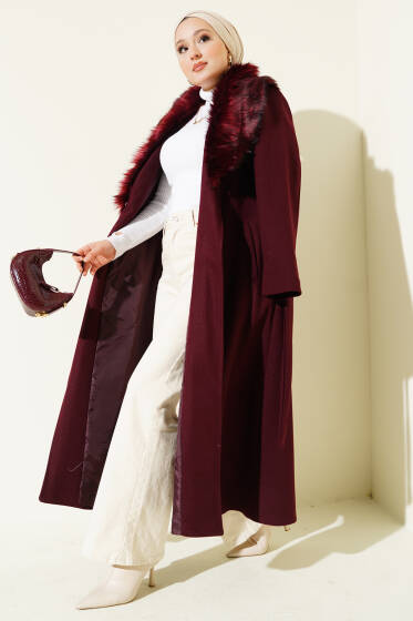 Yaka Kürklü Kuşaklı Uzun Kaban Bordo - Kaban