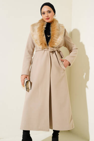 Yaka Kürklü Kuşaklı Uzun Kaban Vizon - Kaban