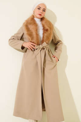 Yaka Kürklü Kuşaklı Uzun Kaban Vizon 