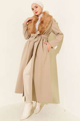 Yaka Kürklü Kuşaklı Uzun Kaban Vizon - Kaban