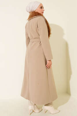 Yaka Kürklü Kuşaklı Uzun Kaban Vizon - Kaban