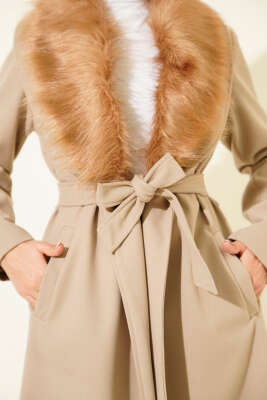 Yaka Kürklü Kuşaklı Uzun Kaban Vizon - Kaban