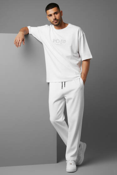 Yaka Lazer Kesim Yan Yırtmaçlı Erkek Eşofman Takımı Beyaz - ERKEK İKİLİ TAKIM