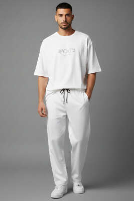 Yaka Lazer Kesim Yan Yırtmaçlı Erkek Eşofman Takımı Beyaz - ERKEK İKİLİ TAKIM