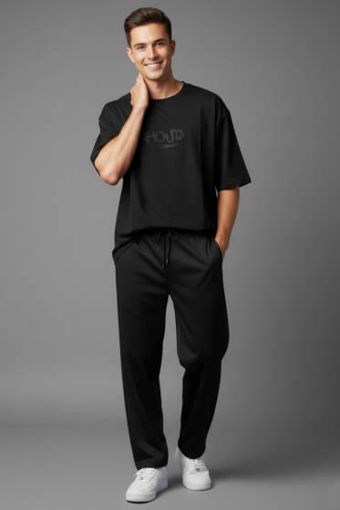 Yaka Lazer Kesim Yan Yırtmaçlı Erkek Eşofman Takımı Siyah - ERKEK İKİLİ TAKIM