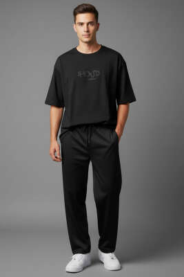 Yaka Lazer Kesim Yan Yırtmaçlı Erkek Eşofman Takımı Siyah - ERKEK İKİLİ TAKIM