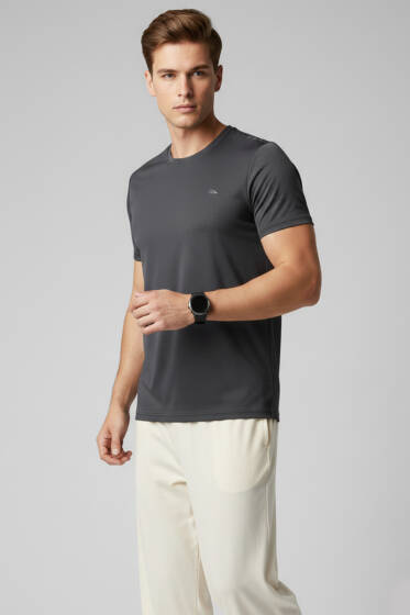 Yaka Logolu Erkek Sporcu T-shirt Füme - Erkek T-shirt
