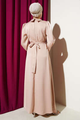 Yaka Manşet Taşlı Saten Abiye Elbise Bej - Tesettür Elbise