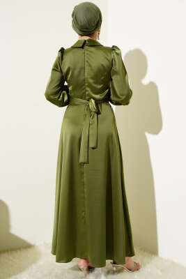 Yaka Manşet Taşlı Saten Abiye Elbise Haki - Tesettür Elbise