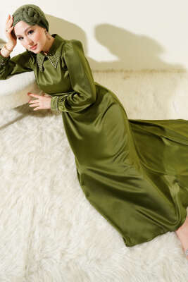 Yaka Manşet Taşlı Saten Abiye Elbise Haki 