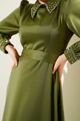 Yaka Manşet Taşlı Saten Abiye Elbise Haki - Tesettür Elbise