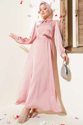 Yaka Manşet Taşlı Saten Abiye Elbise Pudra 
