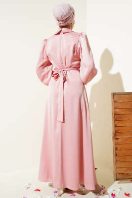 Yaka Manşet Taşlı Saten Abiye Elbise Pudra - Tesettür Elbise