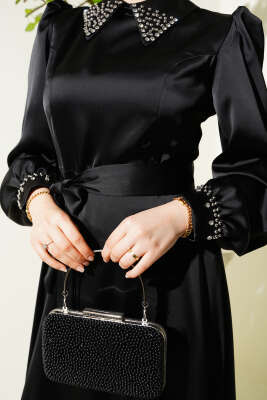 Yaka Manşet Taşlı Saten Abiye Elbise Siyah - Tesettür Elbise