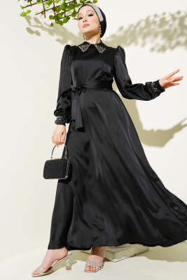 Yaka Manşet Taşlı Saten Abiye Elbise Siyah - BERAT TEKSTİL