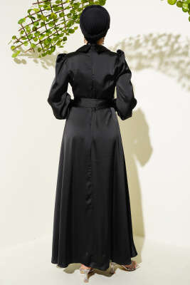 Yaka Manşet Taşlı Saten Abiye Elbise Siyah - Tesettür Elbise