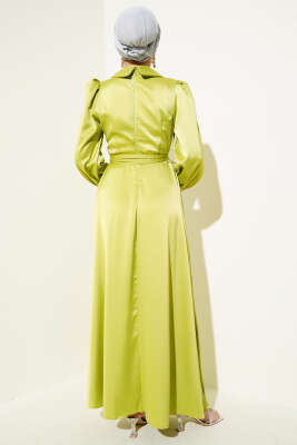 Yaka Manşet Taşlı Saten Abiye Elbise Yağ Yeşili - Tesettür Elbise