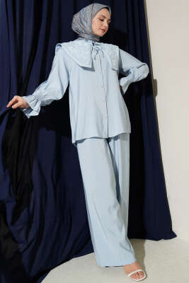 Yaka Nakışlı Bilek Gipeli Modal İkili Takım Bebe Mavi - HATUN