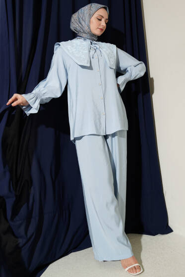 Yaka Nakışlı Bilek Gipeli Modal İkili Takım Bebe Mavi - İkili Takım