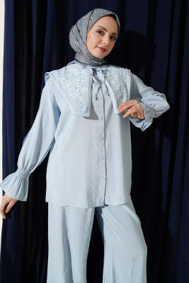 Yaka Nakışlı Bilek Gipeli Modal İkili Takım Bebe Mavi - İkili Takım