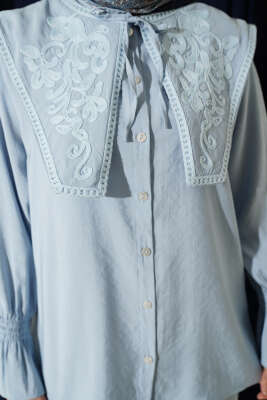 Yaka Nakışlı Bilek Gipeli Modal İkili Takım Bebe Mavi - İkili Takım