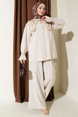 Yaka Nakışlı Bilek Gipeli Modal İkili Takım Bej - HATUN