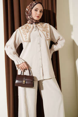 Yaka Nakışlı Bilek Gipeli Modal İkili Takım Bej - İkili Takım