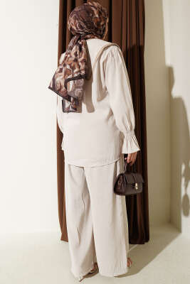 Yaka Nakışlı Bilek Gipeli Modal İkili Takım Bej - İkili Takım