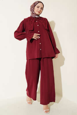 Yaka Nakışlı Bilek Gipeli Modal İkili Takım Bordo - HATUN