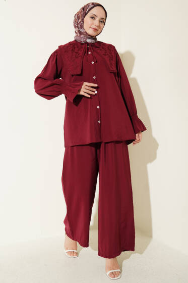 Yaka Nakışlı Bilek Gipeli Modal İkili Takım Bordo - İkili Takım