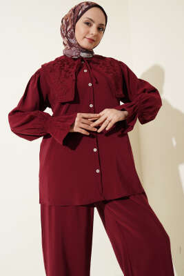 Yaka Nakışlı Bilek Gipeli Modal İkili Takım Bordo - İkili Takım