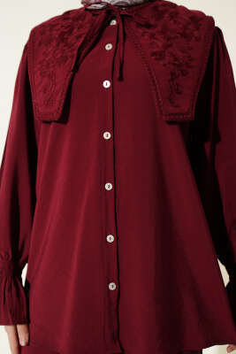 Yaka Nakışlı Bilek Gipeli Modal İkili Takım Bordo - İkili Takım