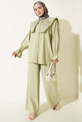 Yaka Nakışlı Bilek Gipeli Modal İkili Takım Çağla Yeşili - HATUN