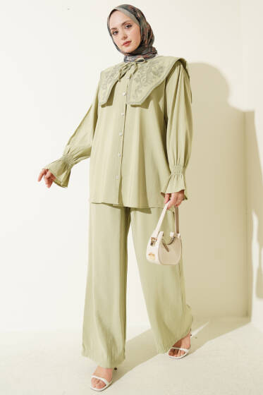 Yaka Nakışlı Bilek Gipeli Modal İkili Takım Çağla Yeşili - İkili Takım