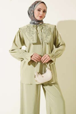 Yaka Nakışlı Bilek Gipeli Modal İkili Takım Çağla Yeşili - İkili Takım