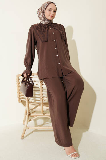 Yaka Nakışlı Bilek Gipeli Modal İkili Takım Kahve - İkili Takım