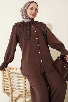 Yaka Nakışlı Bilek Gipeli Modal İkili Takım Kahve - İkili Takım