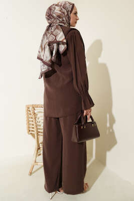 Yaka Nakışlı Bilek Gipeli Modal İkili Takım Kahve - İkili Takım