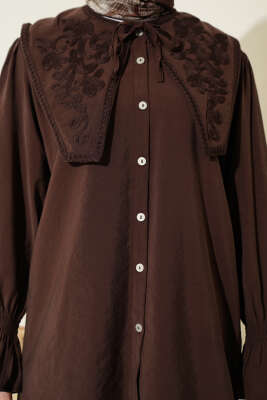 Yaka Nakışlı Bilek Gipeli Modal İkili Takım Kahve - İkili Takım