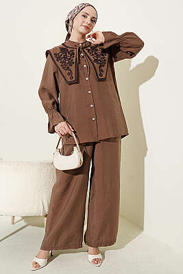 Yaka Nakışlı Bilek Gipeli Modal İkili Takım Kahve - İkili Takım