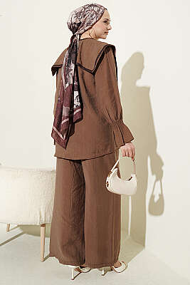 Yaka Nakışlı Bilek Gipeli Modal İkili Takım Kahve - İkili Takım