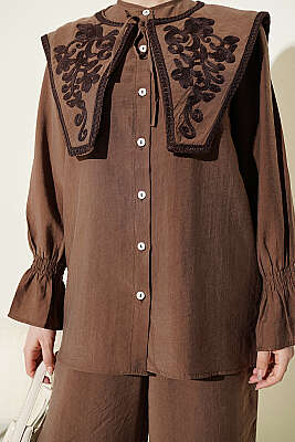 Yaka Nakışlı Bilek Gipeli Modal İkili Takım Kahve - İkili Takım